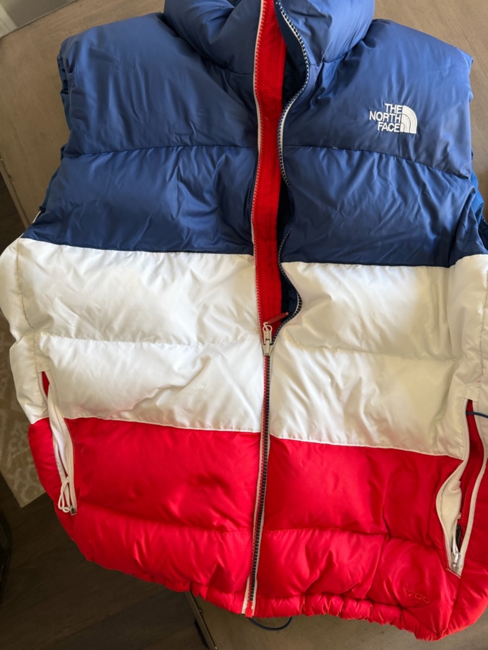The North Face Blue White Red Colorblock Puffer Vest XL
